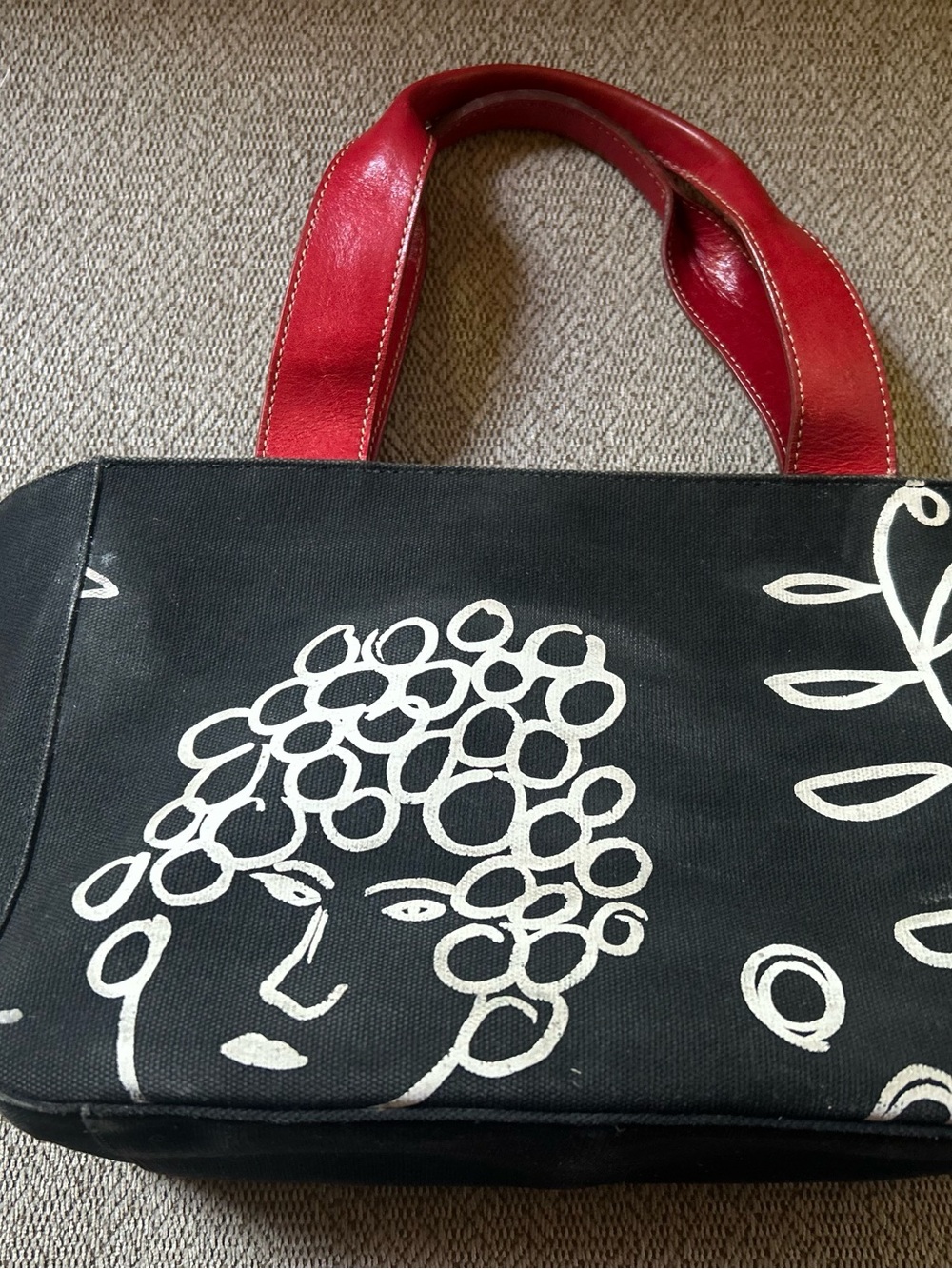 kate spade M Kalman Vtg Rare Black Canvas Bag Red Leather Handles Artsy Pop Art - Picture 6 of 16